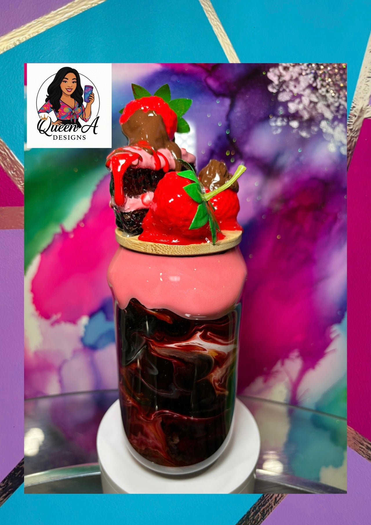 “Chocolate-Covered Strawberry Sip”– 18 oz Glass Tumbler W/ 3D Bamboo Lid