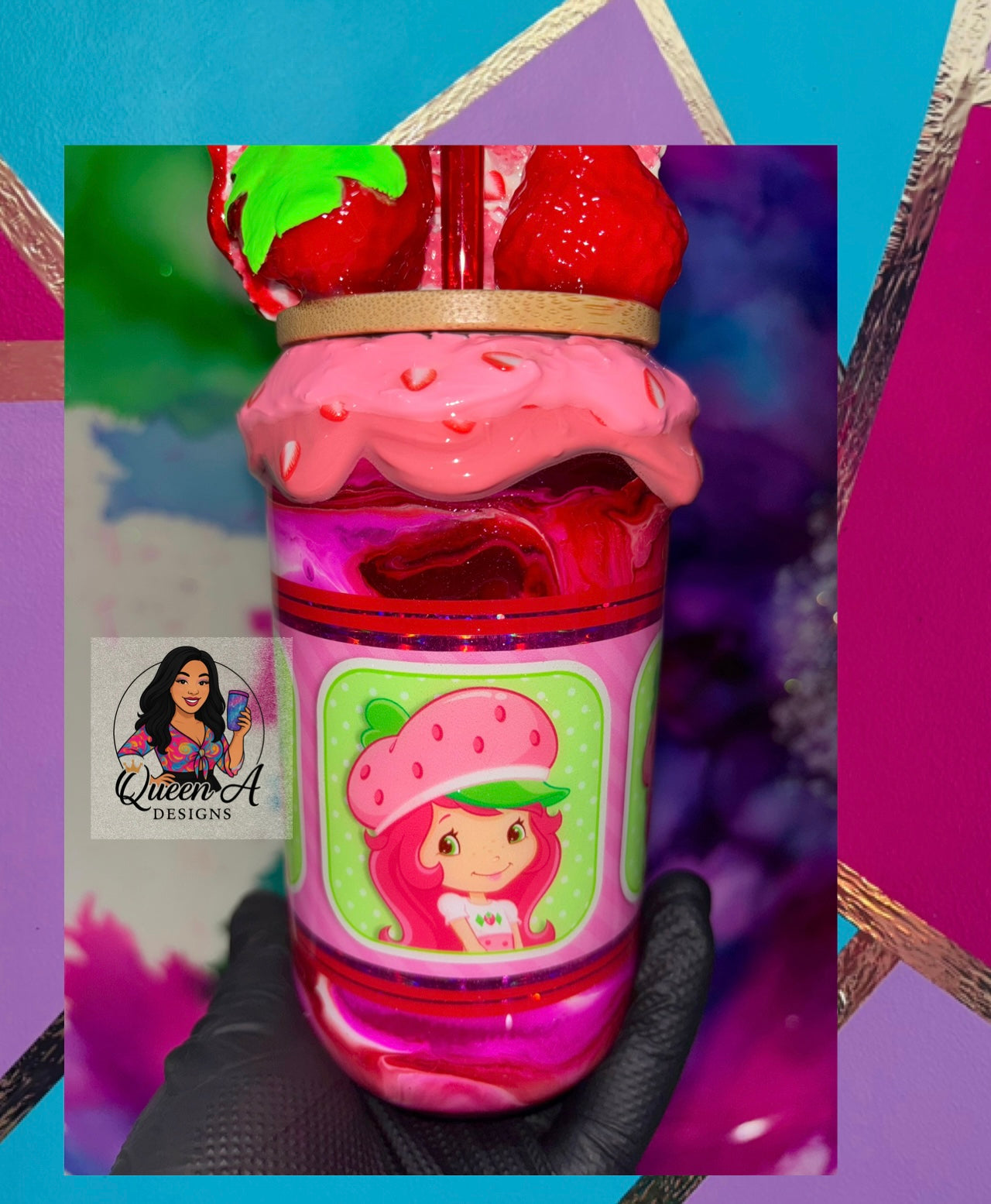 “Berry Sweet Delight” 18 Oz. Glass Tumbler-3D Decorative Bamboo Lid