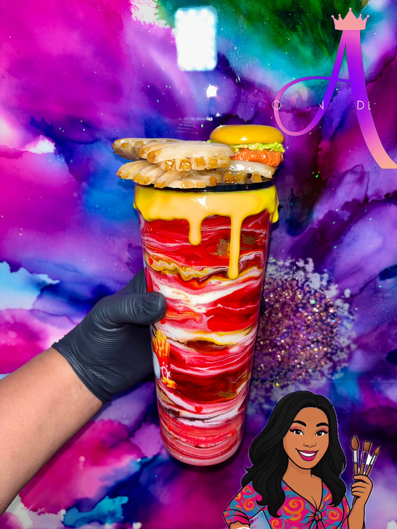 “Kitty Snack Attack” – 24 oz Tumbler (PREMIUM)✨😻🍔🍟✨