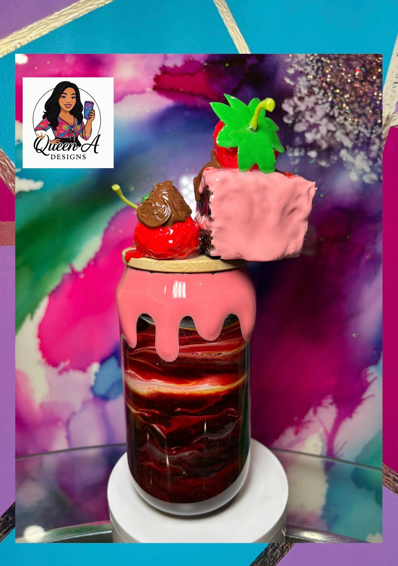 “Chocolate-Covered Strawberry Sip”– 18 oz Glass Tumbler W/ 3D Bamboo Lid