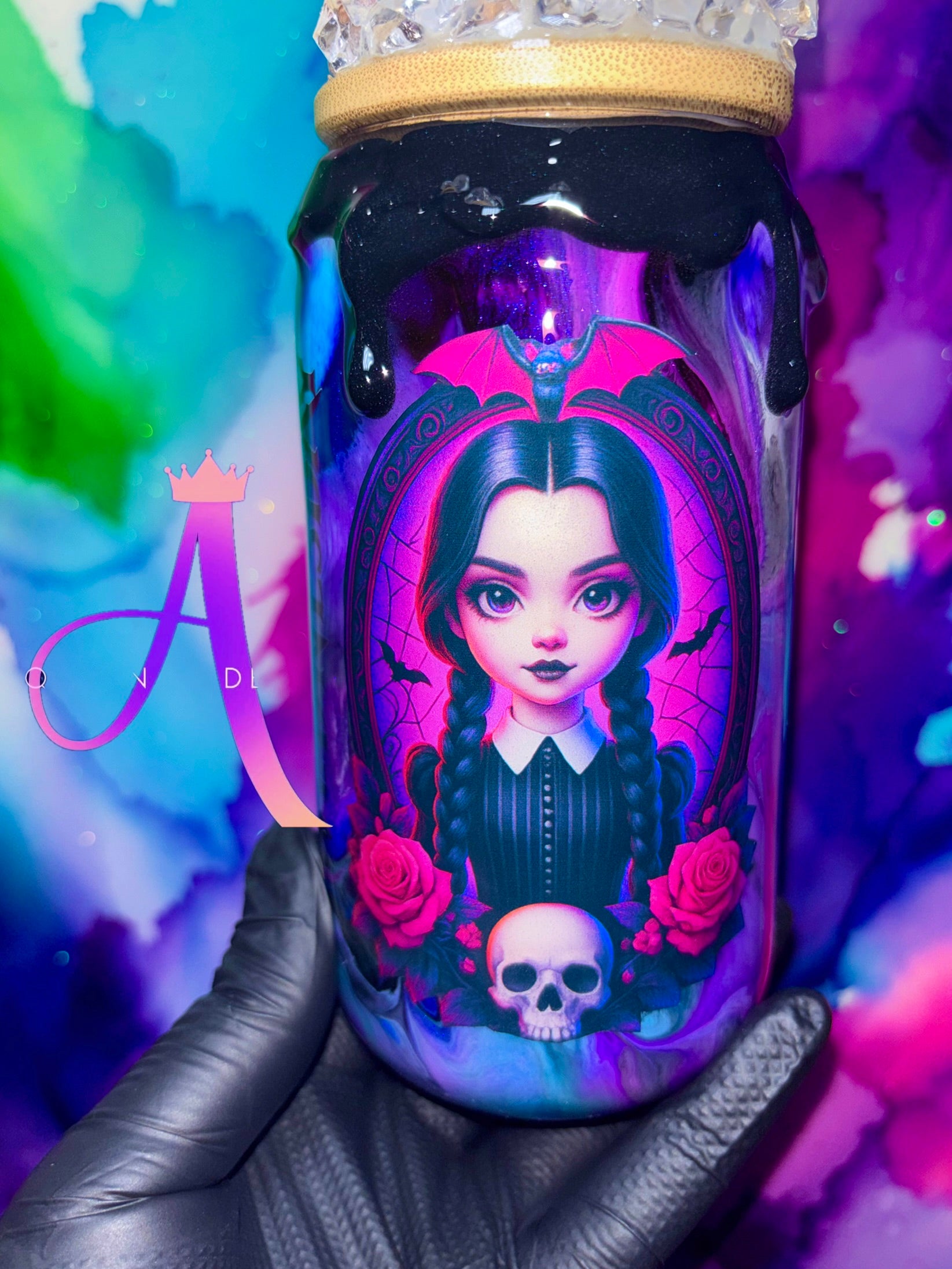 🌌🖤“Nevermore Nights” – 18 oz Glass Tumbler with Decorative Topper