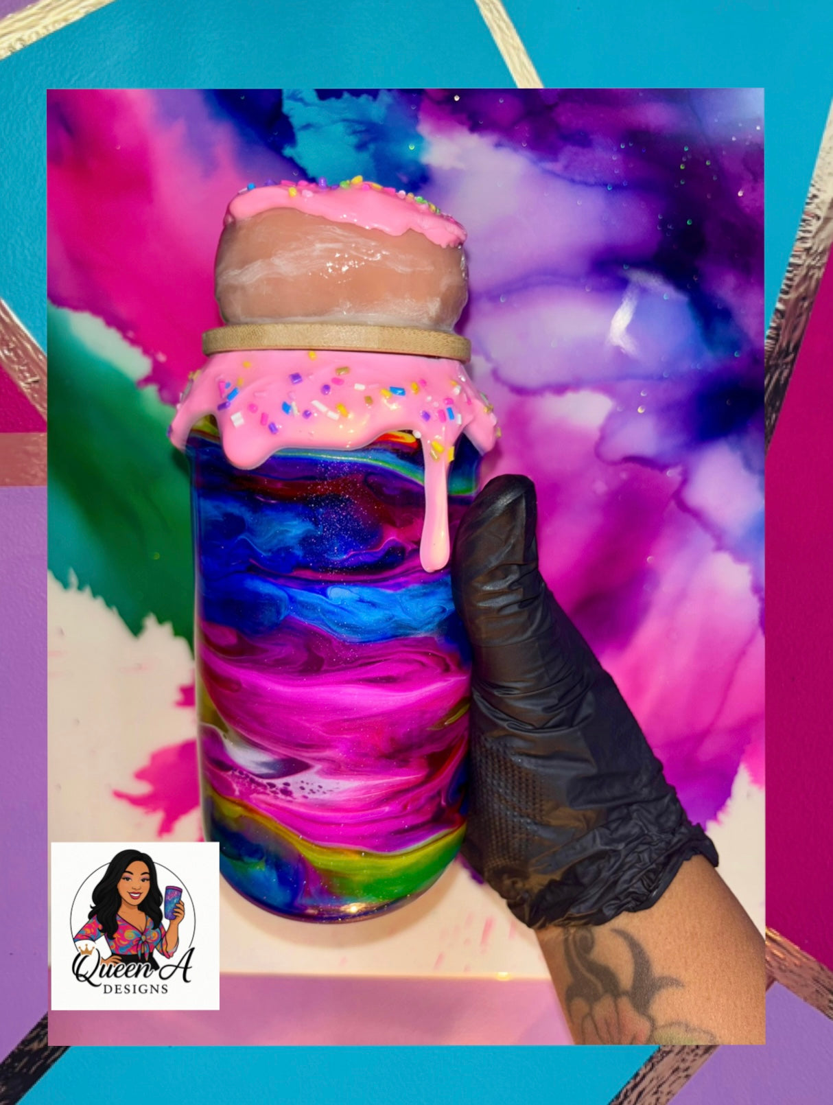🍩🩷✨“Homers Heaven”✨18 Oz. Glass Tumbler  (🌈Rainbow Swirl🌈)