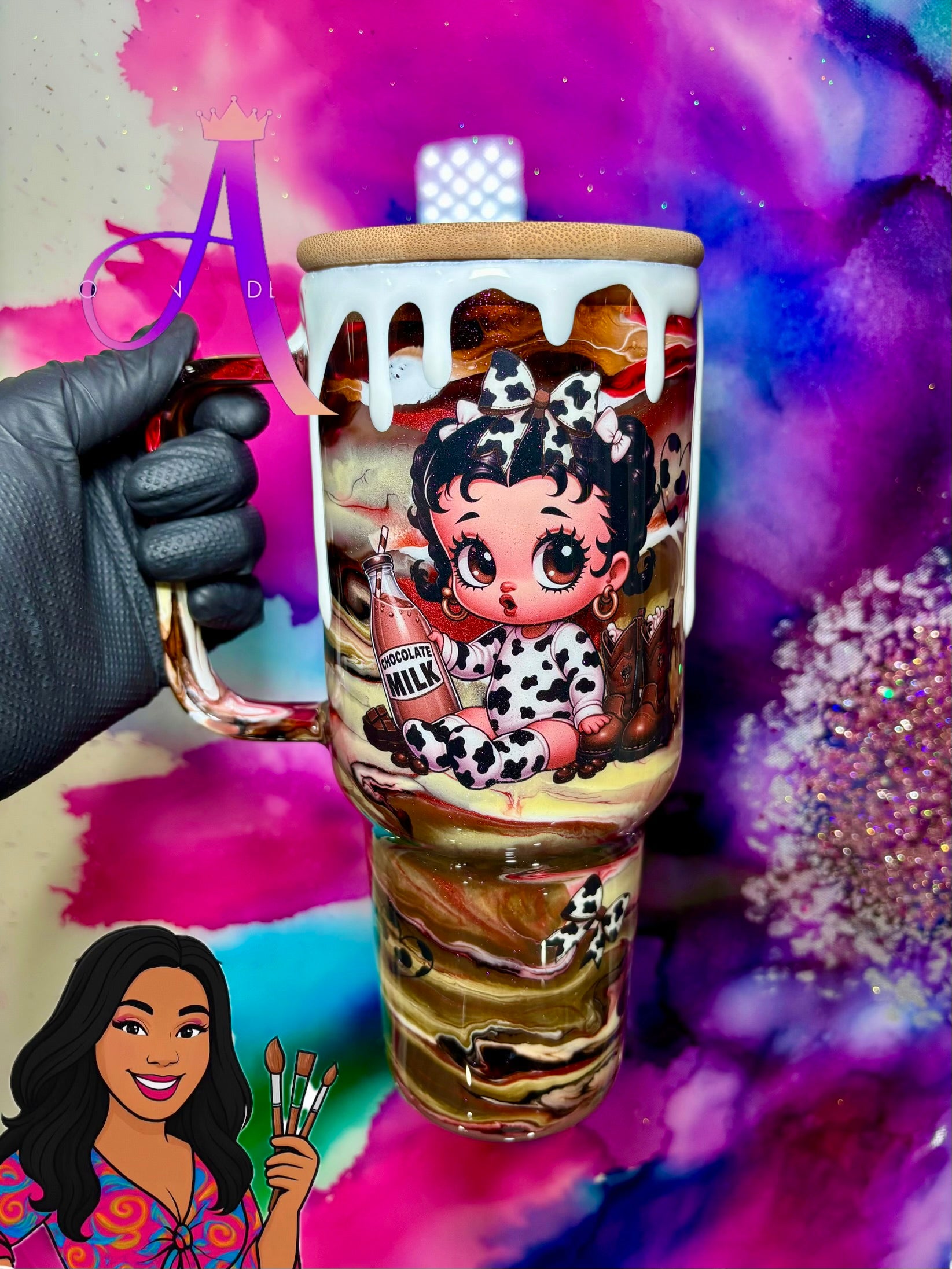 “Baby Boop’s Moo Moo Milkshake”
40 OZ. (GLASS) Tumbler W/ Bamboo Lid & Handle 🍫🍼🧋💫🍨