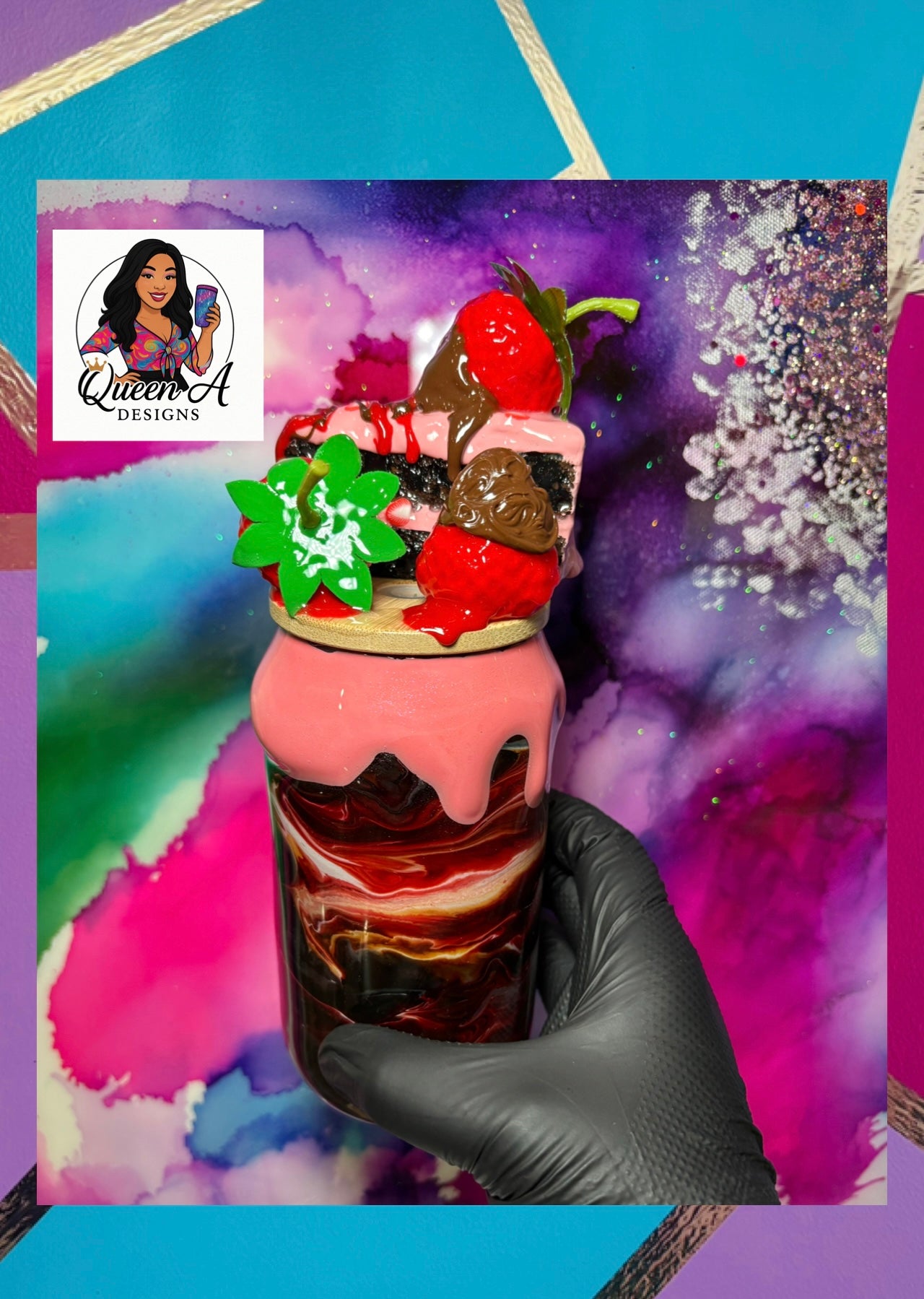 “Chocolate-Covered Strawberry Sip”– 18 oz Glass Tumbler W/ 3D Bamboo Lid