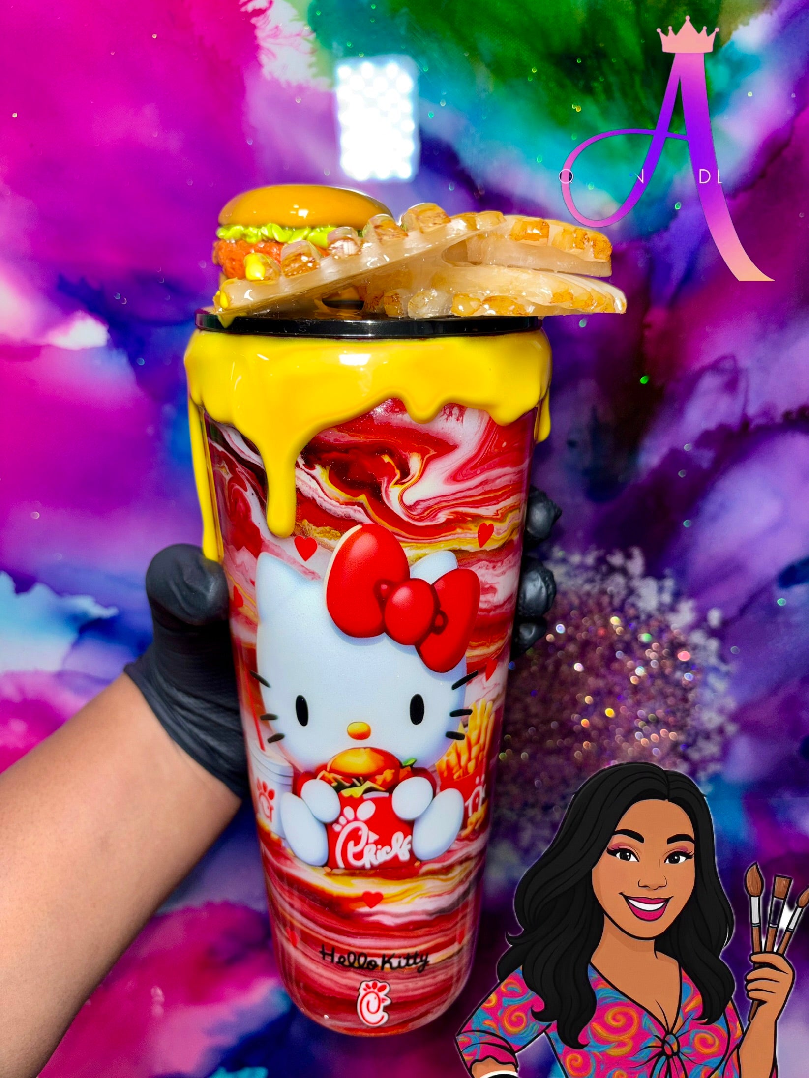 “Kitty Snack Attack” – 24 oz Tumbler (PREMIUM)✨😻🍔🍟✨