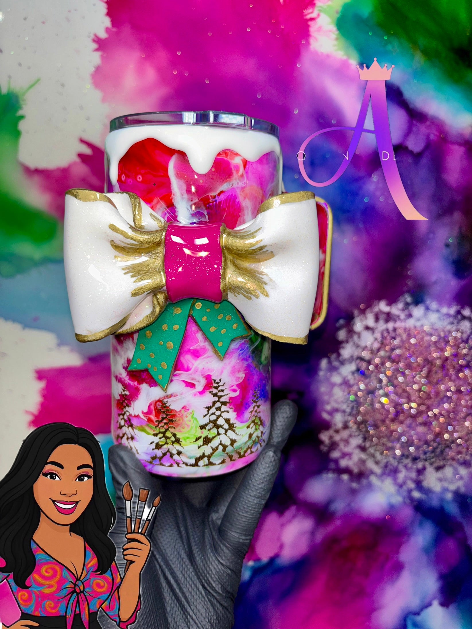 ❄️✨”Tiana’s Antique Winter Wonderland”🎄❄️✨18 Oz. Mug W/(3D Hand Sculpted Bow) (PREMIUM)