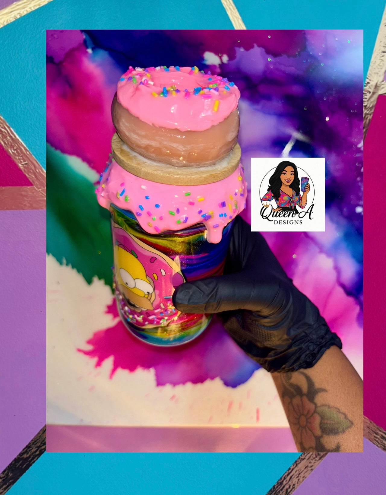 🍩🩷✨“Homers Heaven”✨18 Oz. Glass Tumbler  (🌈Rainbow Swirl🌈)