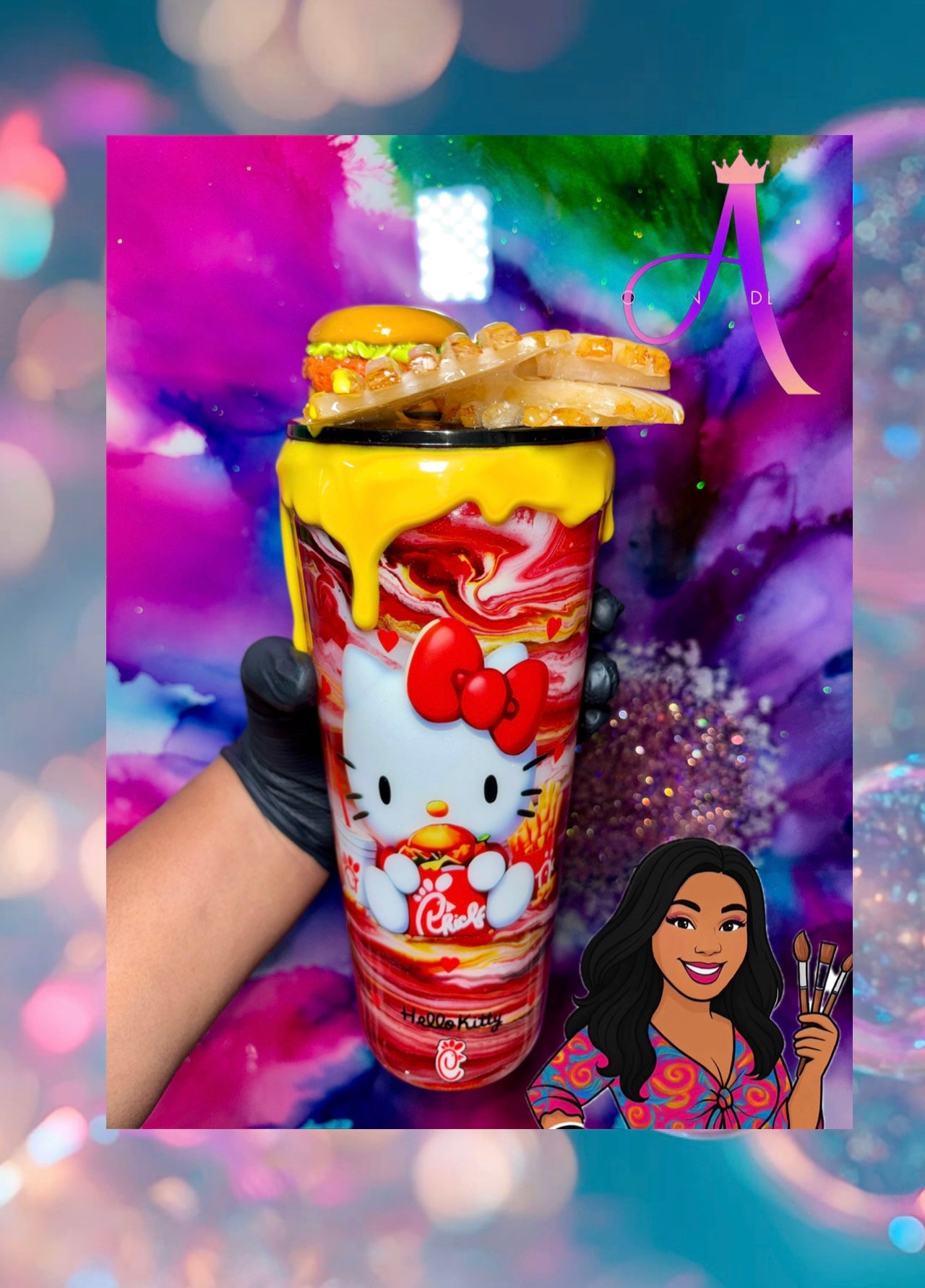 “Kitty Snack Attack” – 24 oz Tumbler (PREMIUM)✨😻🍔🍟✨