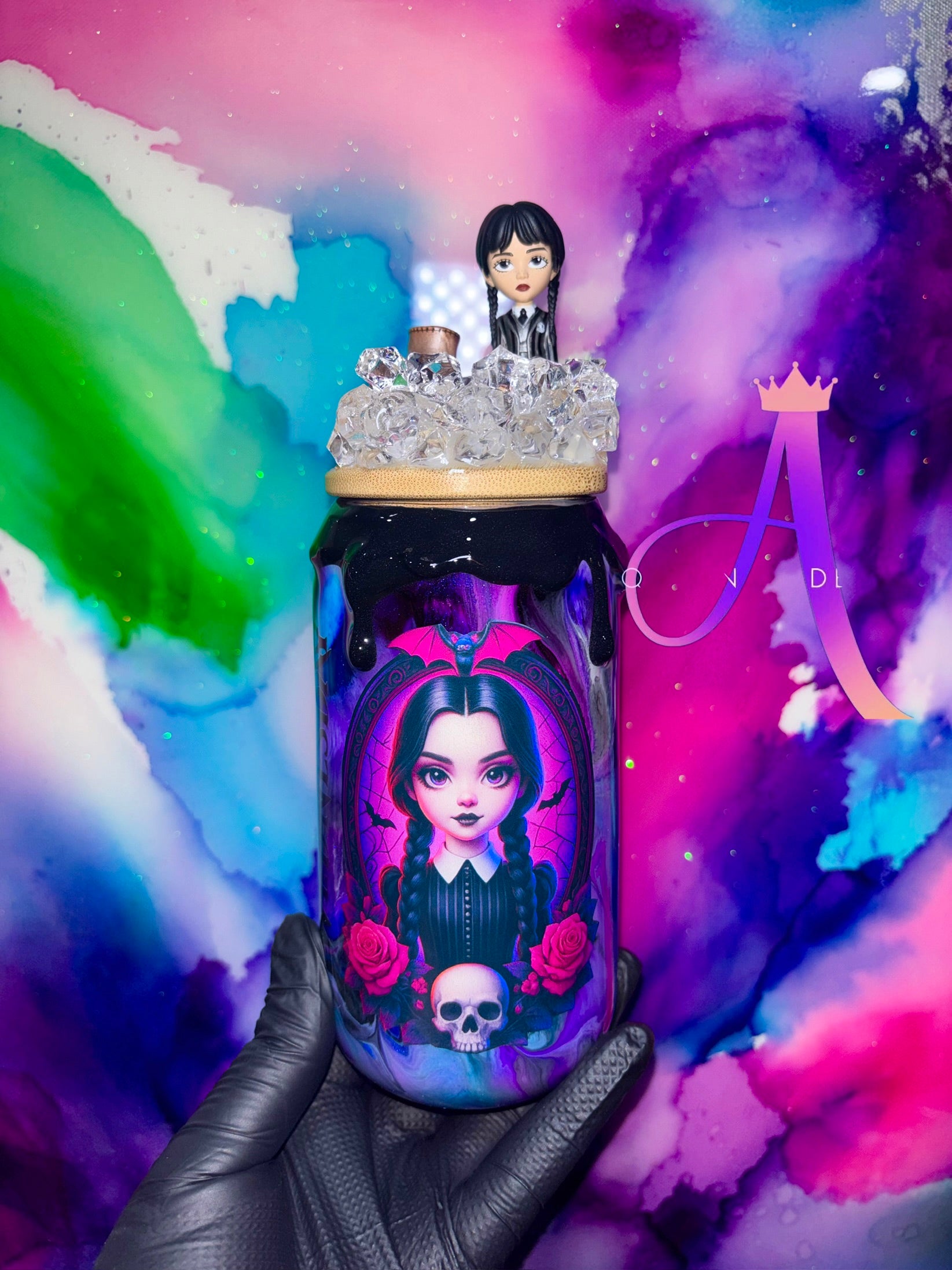 🌌🖤“Nevermore Nights” – 18 oz Glass Tumbler with Decorative Topper