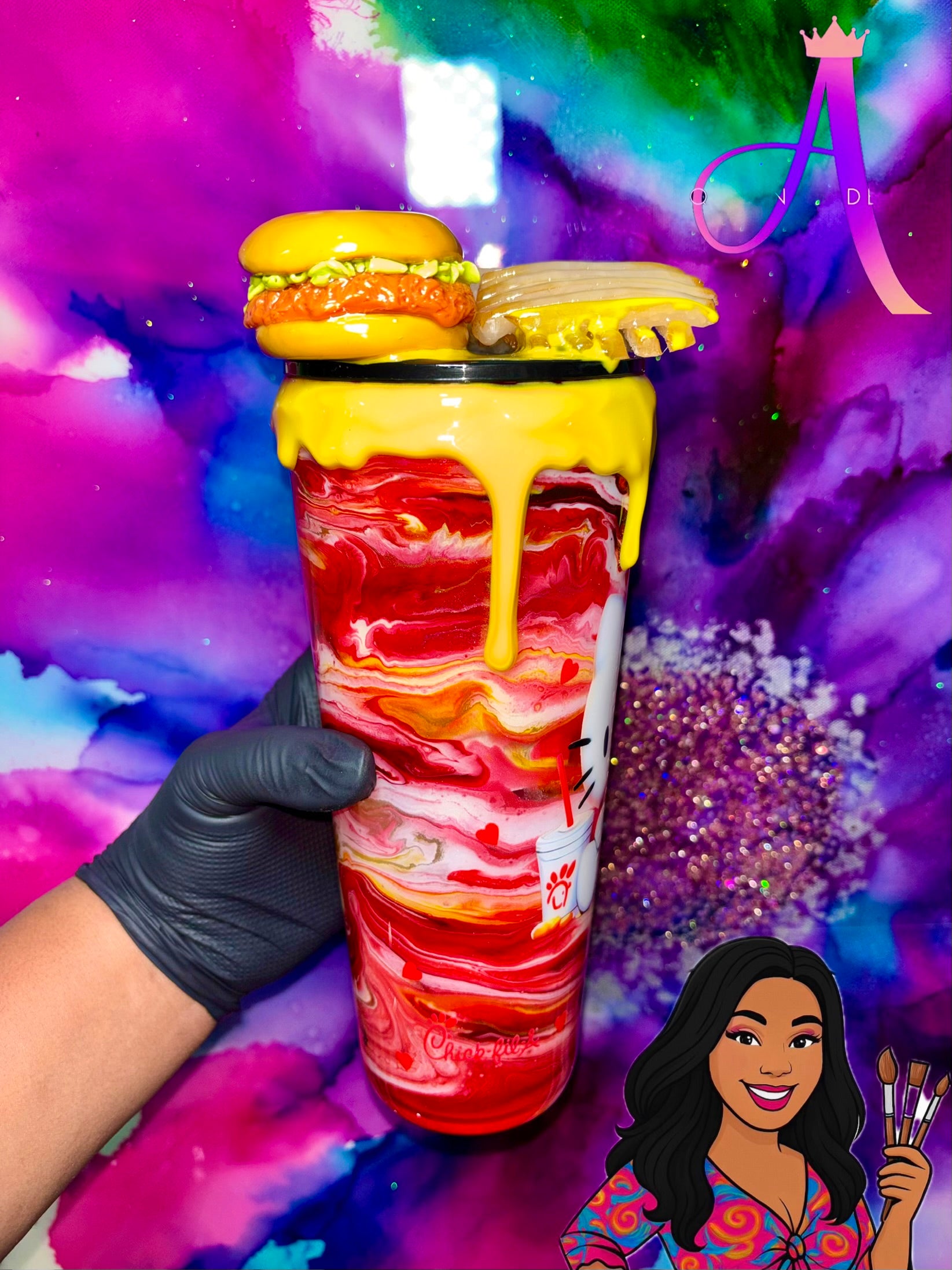 “Kitty Snack Attack” – 24 oz Tumbler (PREMIUM)✨😻🍔🍟✨