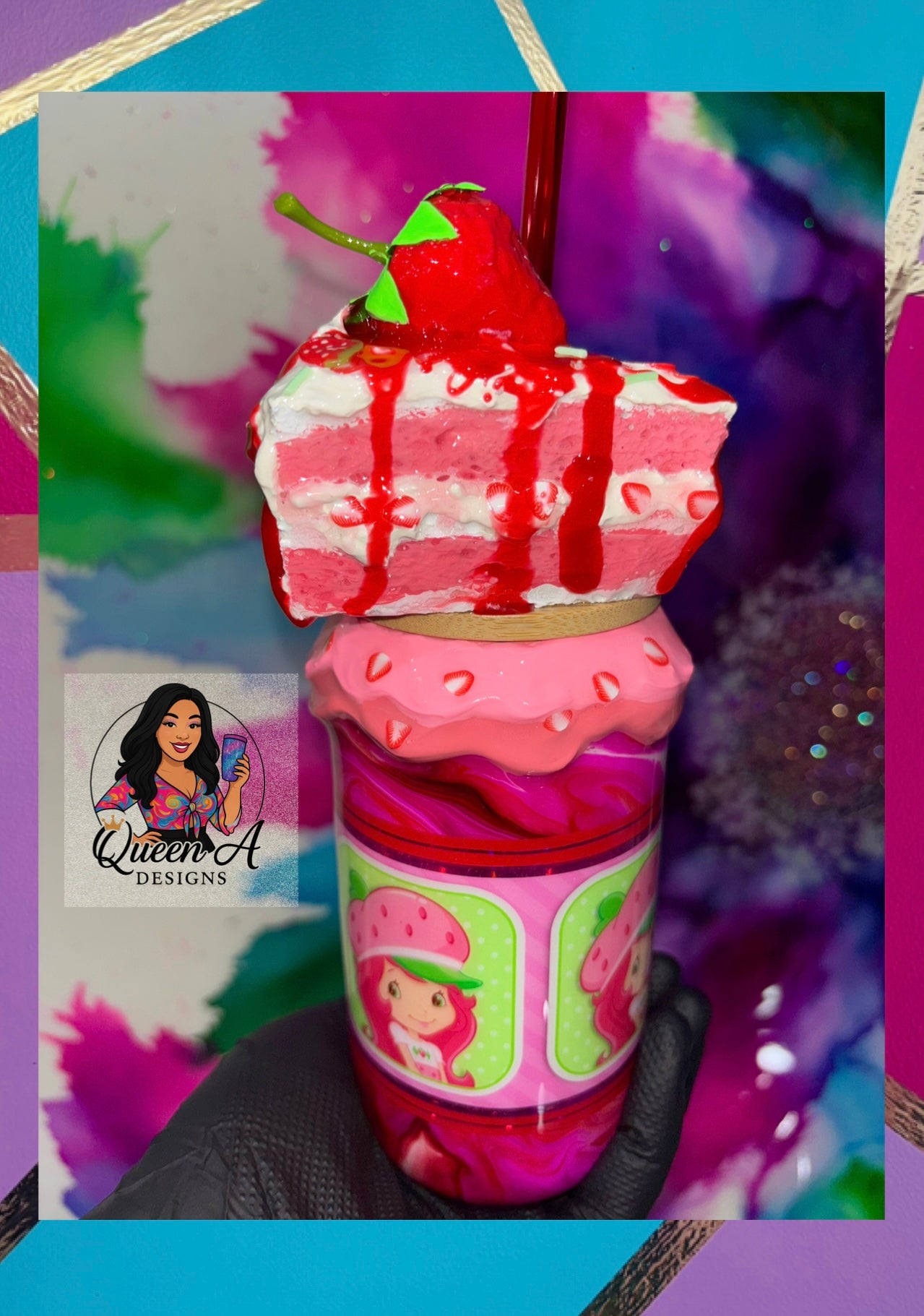 “Berry Sweet Delight” 18 Oz. Glass Tumbler-3D Decorative Bamboo Lid