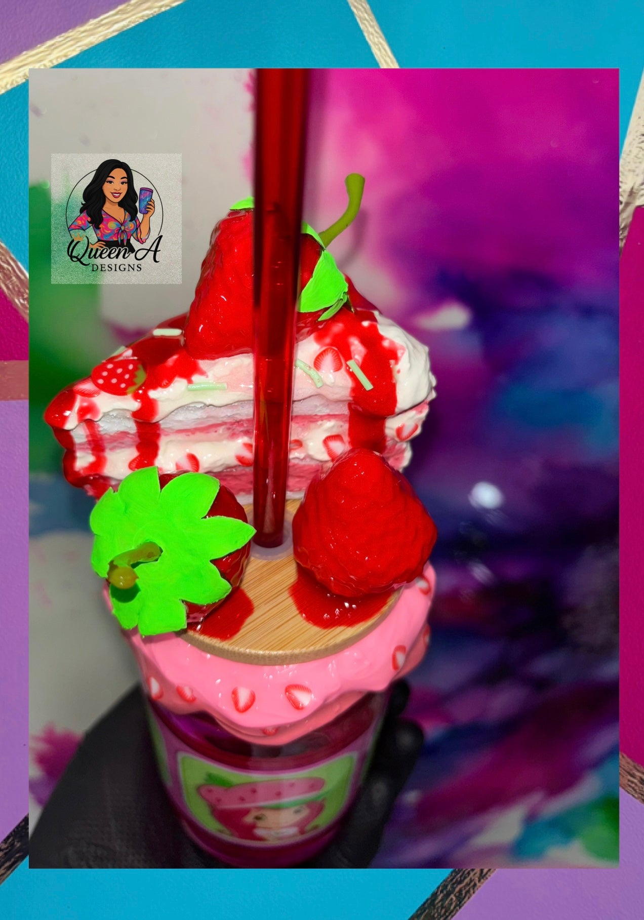 “Berry Sweet Delight” 18 Oz. Glass Tumbler-3D Decorative Bamboo Lid