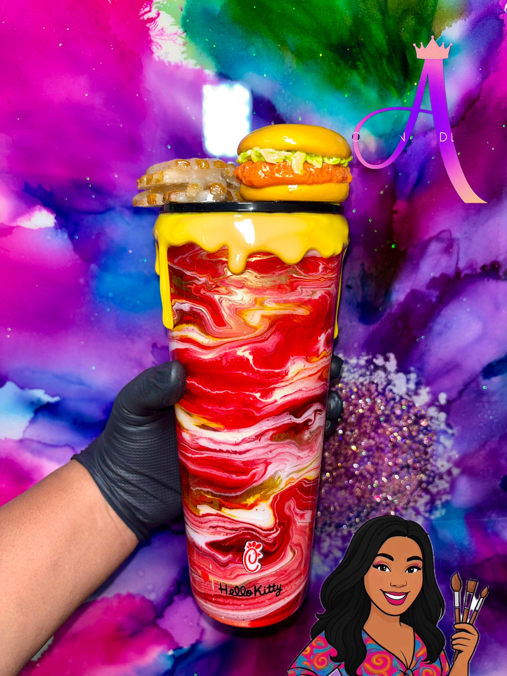“Kitty Snack Attack” – 24 oz Tumbler (PREMIUM)✨😻🍔🍟✨