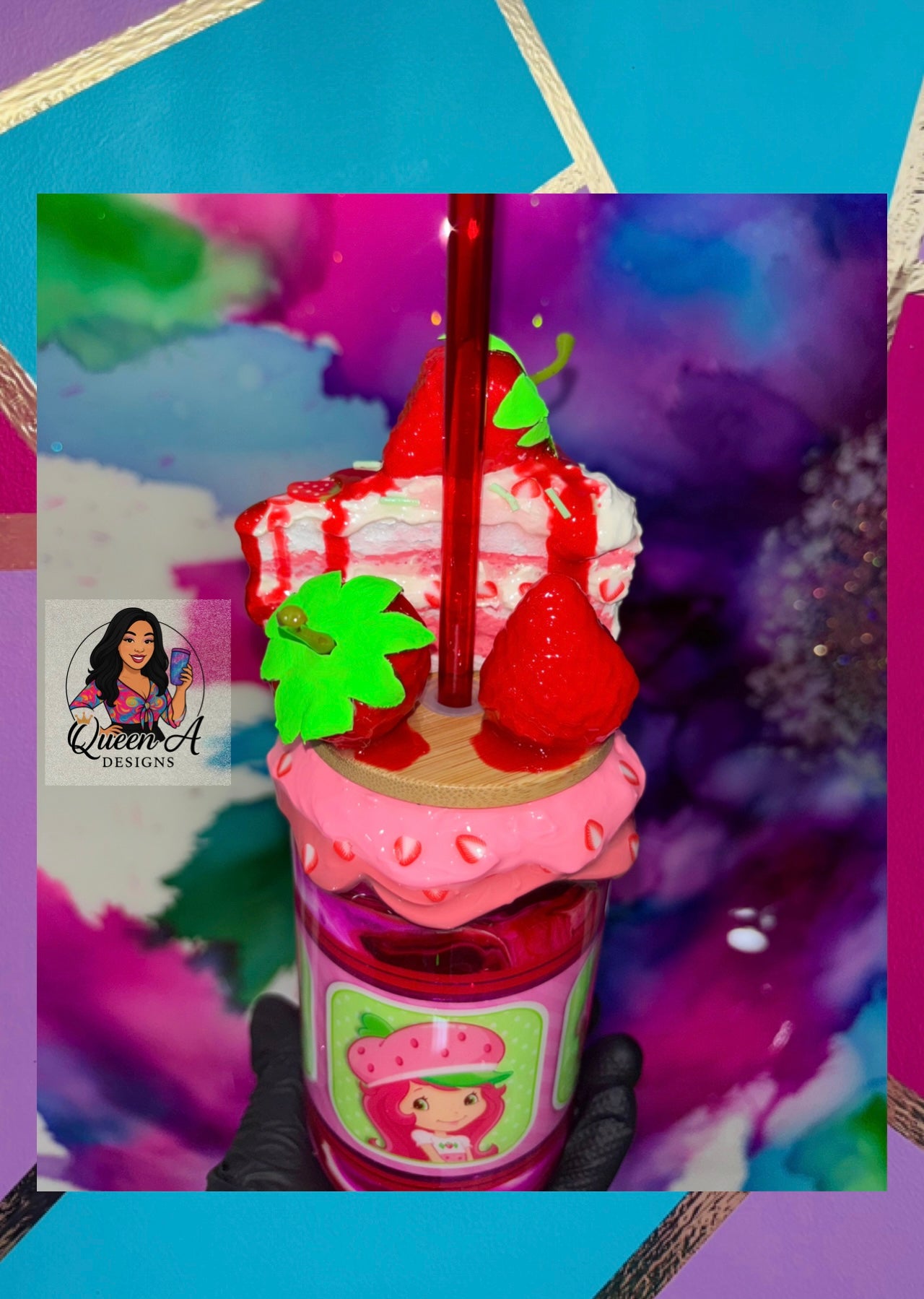 “Berry Sweet Delight” 18 Oz. Glass Tumbler-3D Decorative Bamboo Lid