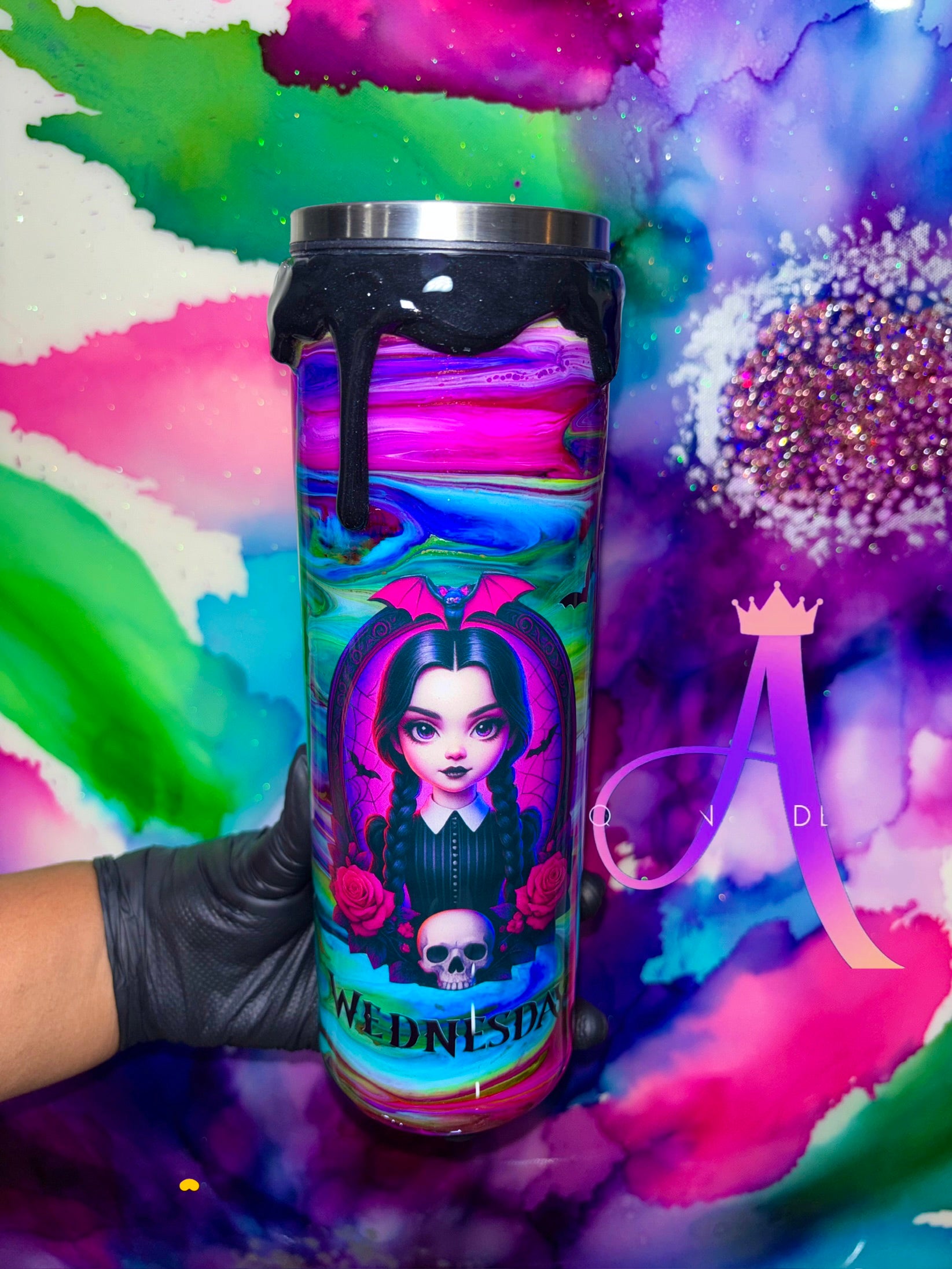 “Trapped in Enid’s Colors” – 30 oz Tumbler 🖤🕷️🕸️