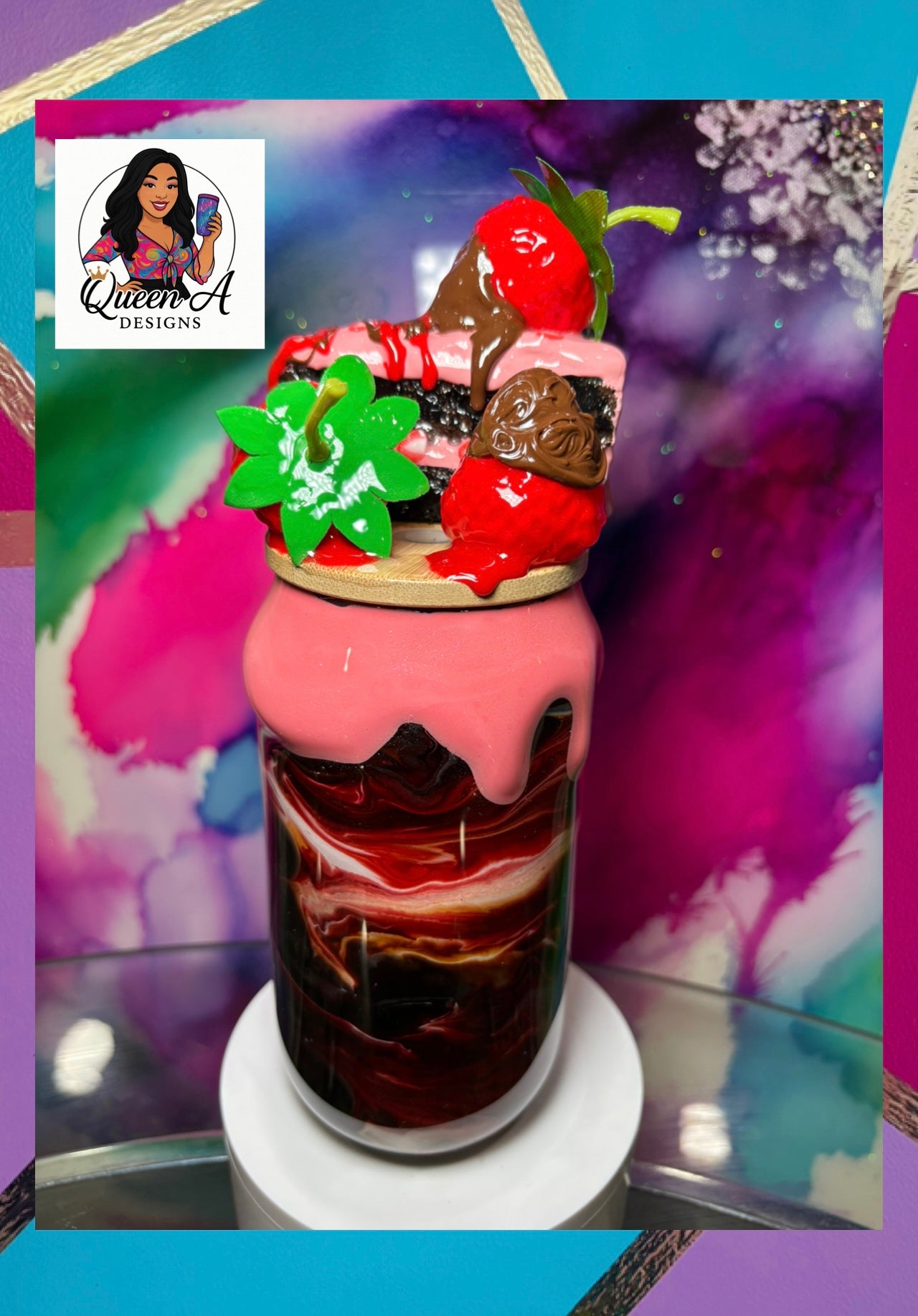 “Chocolate-Covered Strawberry Sip”– 18 oz Glass Tumbler W/ 3D Bamboo Lid