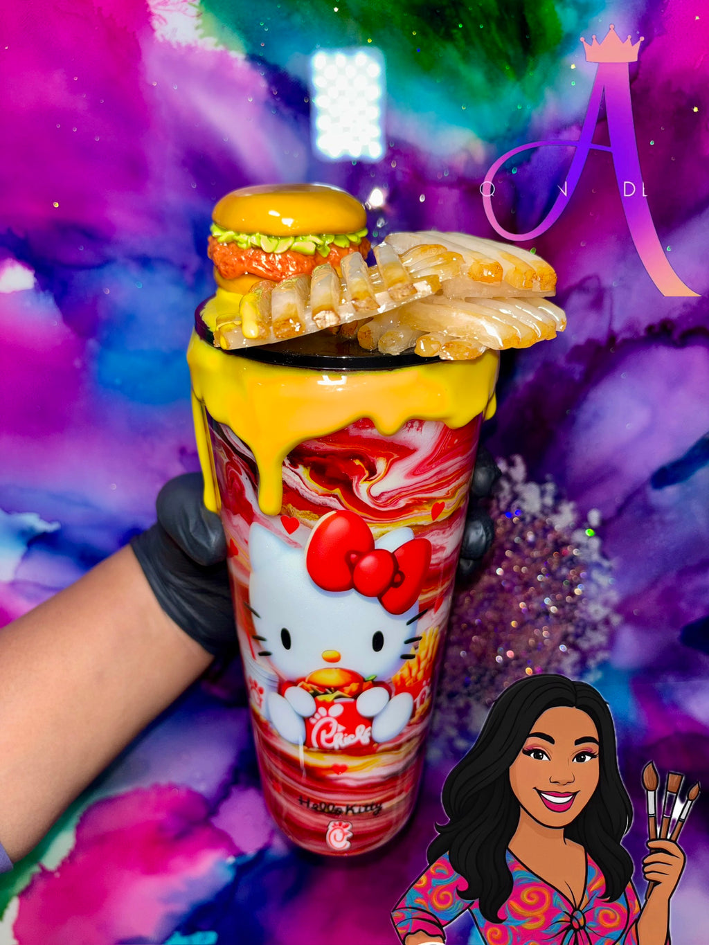 “Kitty Snack Attack” – 24 oz Tumbler (PREMIUM)✨😻🍔🍟✨