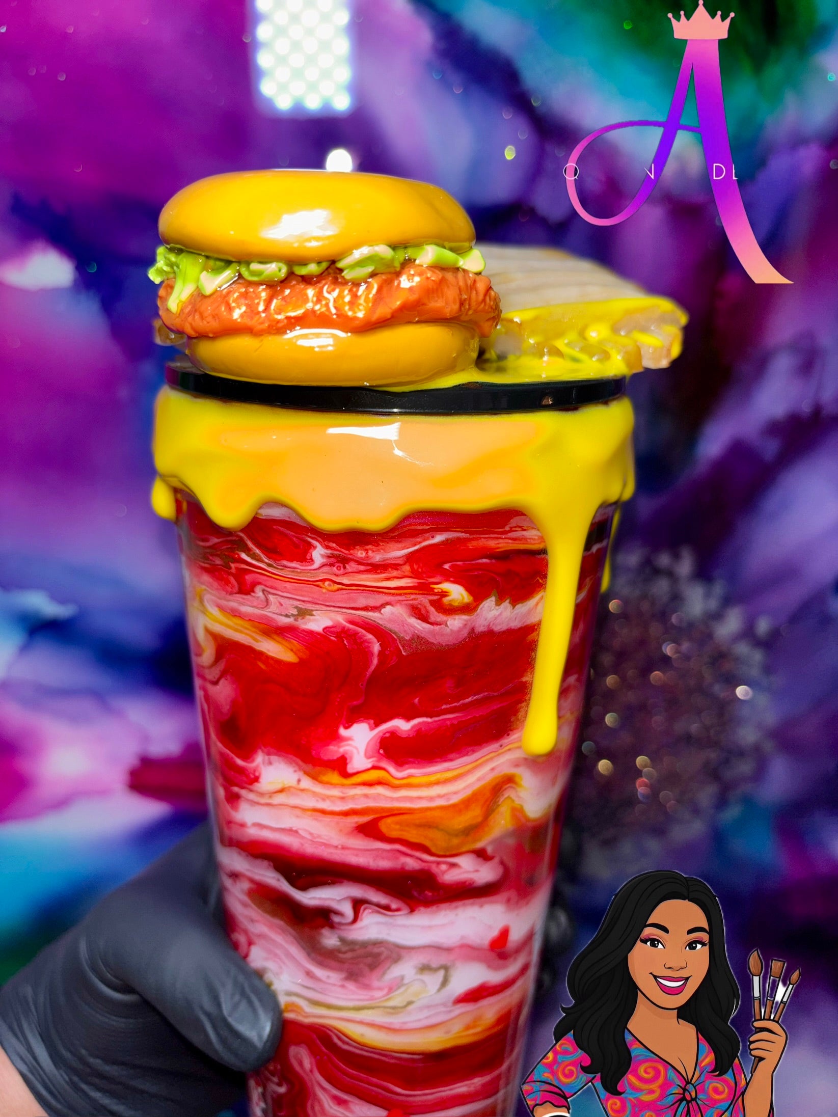 “Kitty Snack Attack” – 24 oz Tumbler (PREMIUM)✨😻🍔🍟✨