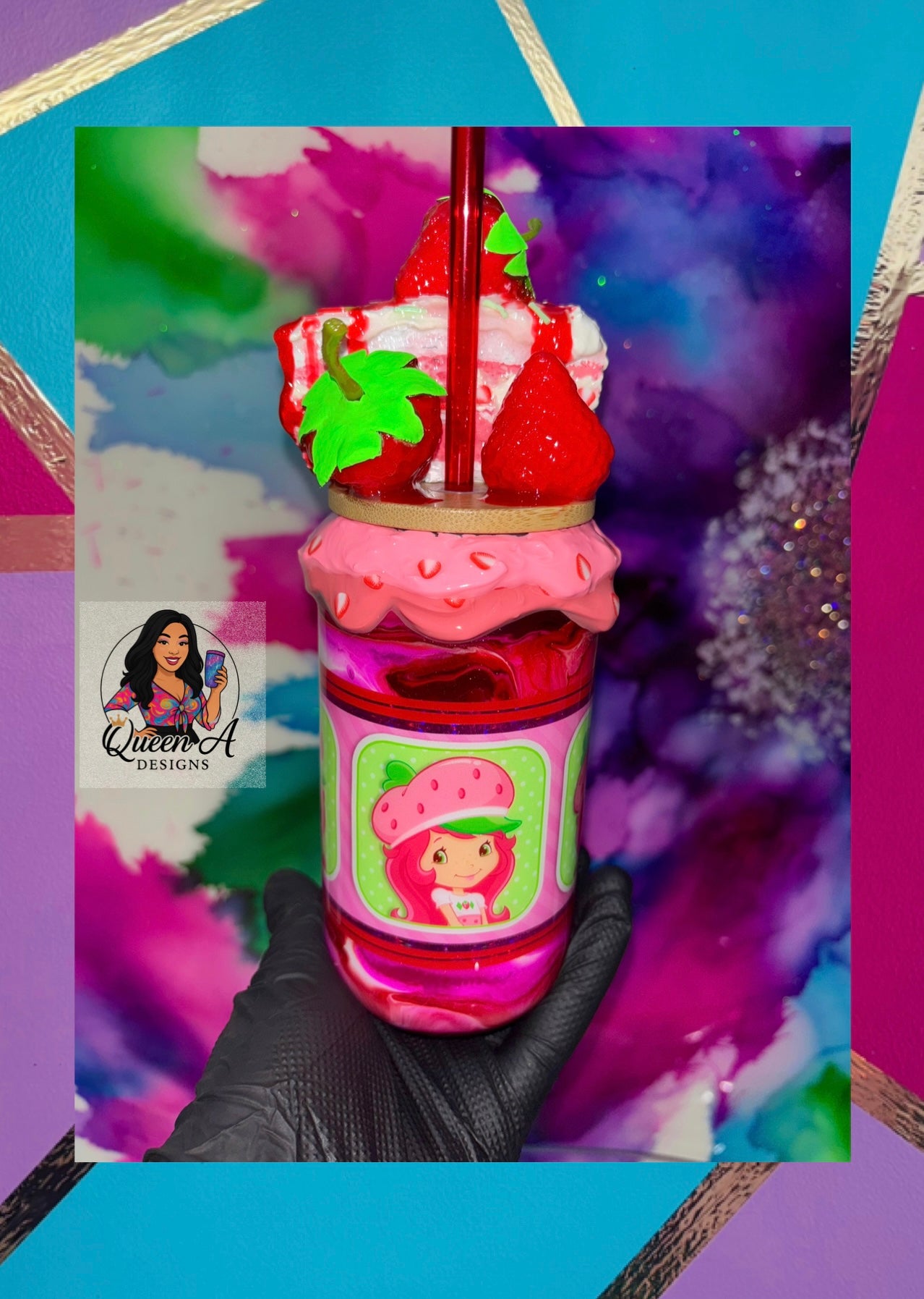 “Berry Sweet Delight” 18 Oz. Glass Tumbler-3D Decorative Bamboo Lid