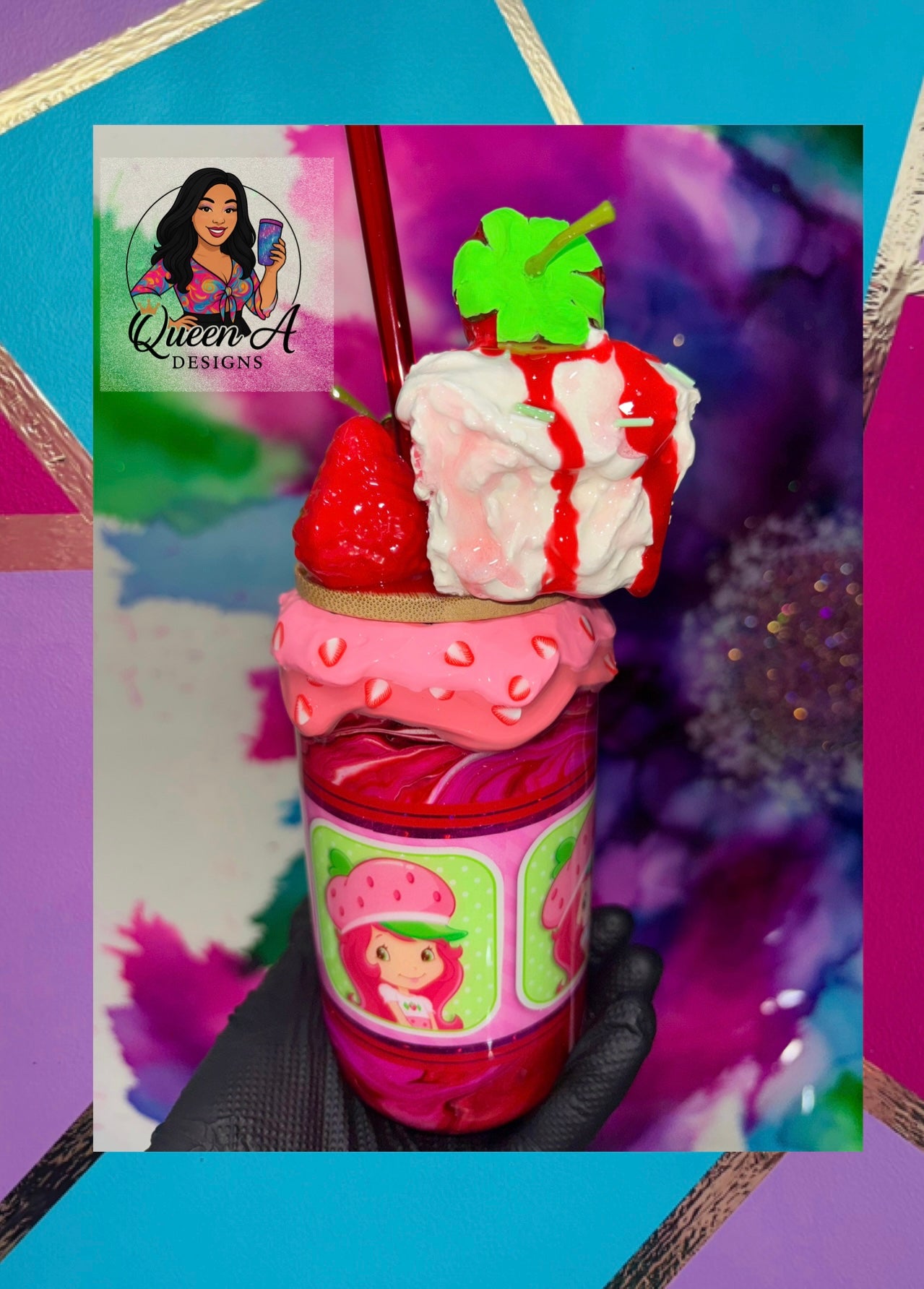 “Berry Sweet Delight” 18 Oz. Glass Tumbler-3D Decorative Bamboo Lid